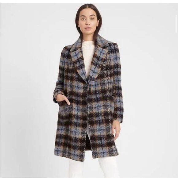 Banana Republic Jackets & Blazers - Banana Republic Italian Plaid Blue Brown Wool Blend Topcoat | L